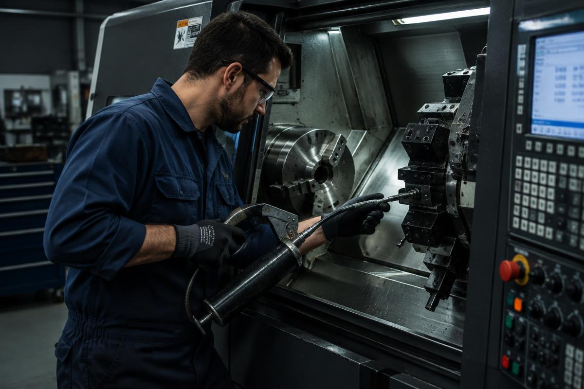 Técnico dando mantenimiento preventivo a un torno CNC